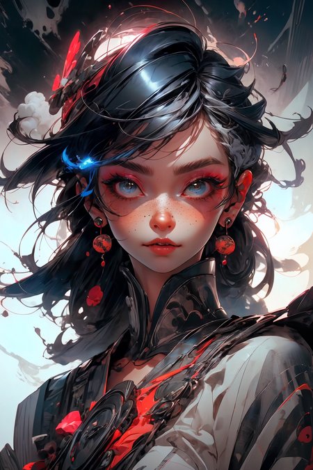 close-up shot, woman, gothic make-up, detailed skin, light freckles, shallow depth of field, OverallDetail
<lora:more_details:0.4>
 <lora:Cosmic anime-oil fusion v2:0.45> 
<lora:AnimeVibesV3:0.3> animevibes, 
<lora:3DMM_V11:0.5> 3DMM 
<lora:midjourney_20230624181825:0.7> midjourney ,
 <lora:LAS:0.5> cloud,colorful,
<lora:msw_locon-t2:0.6>
 <lora:wuxia2:0.6> gu,
 <lora:CyberpunkStyleV1:0.2> PunkAI ,
<lora:CatgirlMaidV1.0-000003:0.35> CatgirlMaid, shiny, shiny hair, shiny skin, shiny clothes