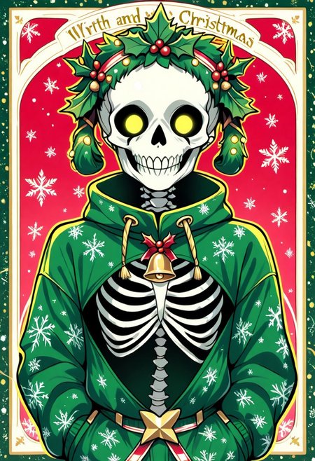 A cute and playful xmastedx skeleton punk dressed in a festive Christmas outfit, featuring a sleek, futuristic design. The outfit showcases a stylish two-tone color scheme of vibrant green and cyan, with intricate holiday-themed patterns like snowflakes and holly leaves subtly glowing along the edges.