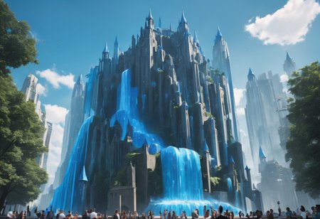 a floating castle in the air, a waterfall flows from the castle to the ground, sharp faceted blue crystals decorate the castle, looking up from the ground view