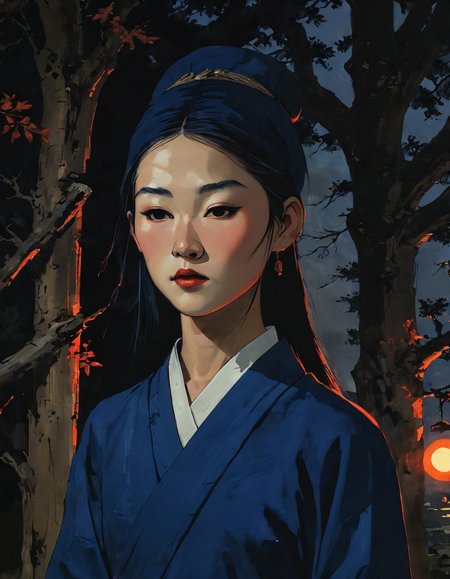 hyperrealistic zoom dark and gritty impactful paint of a medium-built chinese sad female priest wearing a meiji cap and coach clothes  standing under the shade of an ancient oak in solitude, long indigo hair, outside in Ukraine in the evening autumn, inspired by futuristic anime, (backlight halo:1.6)<lora:The_Pulp_Session:0.90>