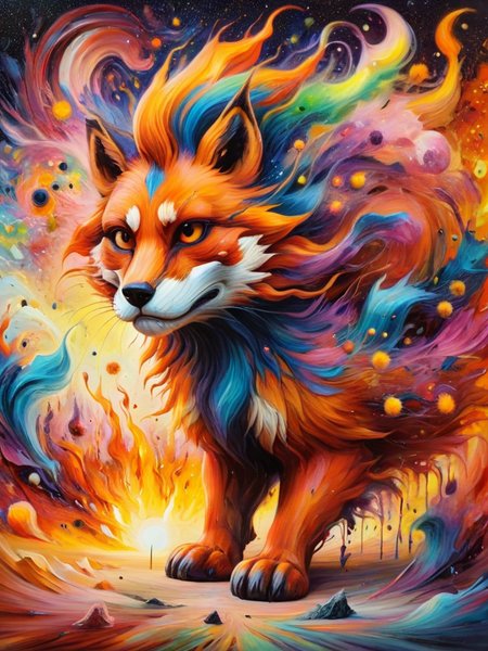 expressionist painting of firefox putting out the dawn, made from from pollen and homey, energetic brushwork, bold colors, abstract forms, expressive, emotional,  <lora:ral-dissolve-sdxl:0.8> ral-dissolve , <lora:ral-varnish-sdxl:1.0> ral-varnish