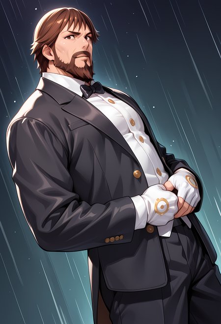 masterpiece, best quality, amazing quality, dutch angle, abstract background, BREAK
solo, male focus, 1boy, mature male, kof_saisyu, brown hair, brown eyes, facial hair, beard, tuxedo, formal, bow tie, BREAK
 <lora:cfg_scale_boost:.6>  <lora:Saisyu_Kusanagi_-_King_of_Fighters_-_ILXL:1>