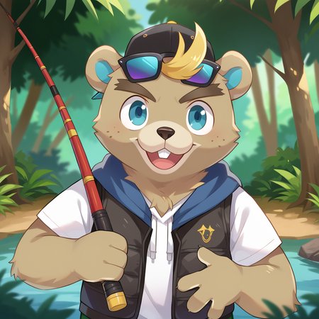 drawing, flat color, high quality, highres, good anatomy, detailed hands, detailed face, detailed fur, 2d, anime, ((source_furry, score_9, score_8_up, score_7_up, score_6),c.j.,blonde hair,baseball cap,backwards hat,eyewear on head,vest,open vest,hoodie, hood, furry, furry male, 1boy

smile, happy, forest, jungle, fishing rod, fishing, lake