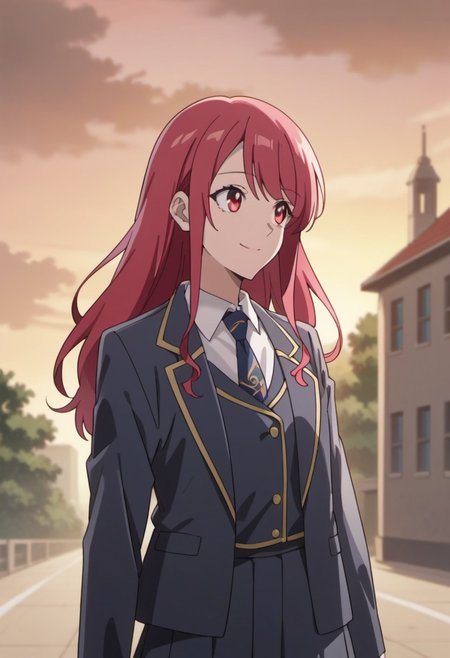 score_9, score_8_up, score_7_up, source_anime, leeler sophia, red hair, red eyes, long hair, 1girl, solo, smile, necktie, sunset, school uniform, skirt, jacket, outdoors, looking to the side, shirt