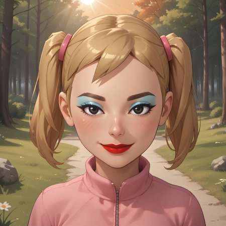 score_9, score_8, BREAK, solo, wii, mii, wii sports, 1girl, female mii, cute, blonde hair, twintails, brown eyebrows, makeup, blush, blue eyeshadow, red lips, lipstick, pink clothing, white pants, shoes, breasts, nintendo mii, modern_mii, classic_mii, Miyuki_(OC_Mii), black eyes, self portrait, smile, outdoors, sunlight, shadows, evening lighting, natural lighting, forest, trees, grass, orange sky, sunset