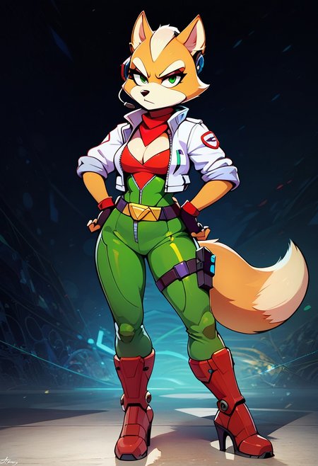 score_9, score_7_up, 
solo, 1girl, fox mccloud, furry, tail, green flight suit, white jacket, rolled sleeves, green legwear, fingerless gloves, red boots, mechanical boots, high heels, red bandana, headset, belt, holster, medium breasts, cleavage, eyelashes, 
full length portrait, intense facial expression, looking serious, hands on hips, 
abstract background, blurry background, bokeh, 
zzCitronCAT,