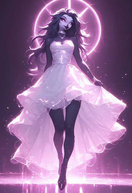 score_9, score_8_up, score_7_up, score_6_up, 1girl, solo, octavia, octavia, avian bird demon owl owl_demon, beak, red sclera, from hellova boss, anthro furry, long hair, nightclub outfit, tight white dress, perfect face, perfecteyes, sexy, sexy girl, beautiful eyes,  dancing, dynamic angle, full body shot, red eyes, glowing eyes, pop star, , neon lights, glowing lights