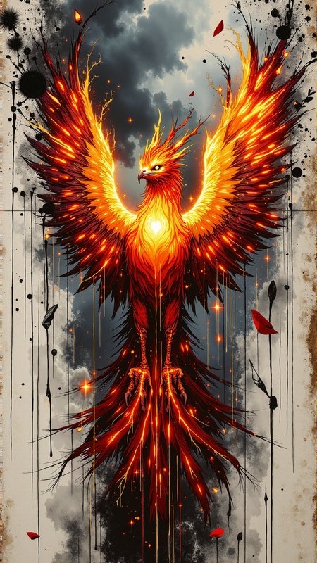 Jedcyb3r, Jedspl4tt, A phoenix with vivid, iridescent feathers of gold, orange, and crimson bursts forth from a field of glowing embers. Its eyes burn with a celestial fire, leaving behind a trail of light as it ascends. The background is filled with ash-streaked storm clouds, and pieces of its wings seem to dissolve into smoke and ink. The scene radiates power, rebirth, and the intensity of natureâs untamed energy,<lora:splatter1:1>