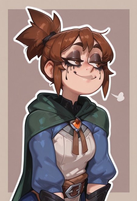 masterpiece, best quality, newest, absurdres, highres, pixelsketcher, portrait,  
1girl, thick eyelashes, detailed eyes,small breasts, ,runny makeup, runny mascara, brown hair, brown eyes,short hair,smug
simple background, outline,m4rci, short hair, brown hair, ponytail, brown eyes,green cape, hooded cape, shrug \(clothing\), blue jacket, sleeves past elbows, white shirt, brooch, brown belt, vambraces, blue skirt, black leggings