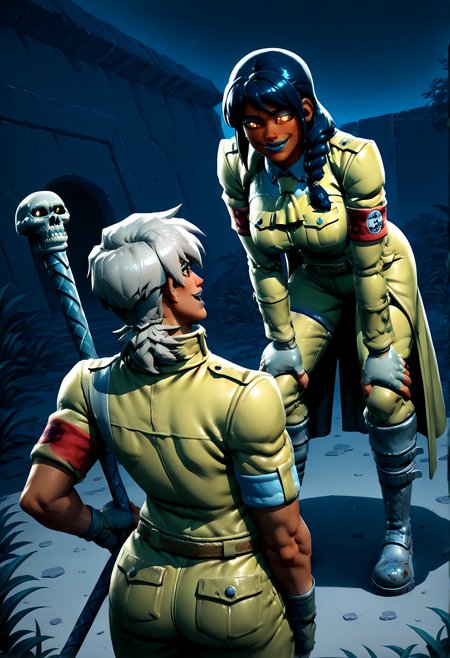 IllustriousQual <lora:StS-Illustrious-Detail-Slider-v1.0:2> <lora:cfg_scale_boost:0.3> <lora:Frozen_Nog_Ops_IL:1> FrozenNogOpsIL, dark skin, dark-skinned female, black hair, grey ponytail, braided hair, brown eyes, blue eyeshadow, blue lipstick, fingerless gloves,detailed_background,outdoors,jubilee 2025,multiple girls,hands on own legs,knee boots,glowing,dirty footwear,weapon,hellsing,highres,military jacket,open mouth,breasts,seras victoria,back,staff,holding weapon,1boy,crossover,shadow,holding staff,smile,ireading,luce \(jubilee 2025\),boots,jacket,glowing eyes,alucard \(hellsing\),large breasts,looking at another,2girls,leaning forward,raincoat,holding,upper body,gloves,military uniform