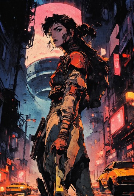 a futuristic cyberpunk city at night, glowing neon lights reflecting off rainy streets,
a badass 80s-style anime heroine stands in the foreground, she has wild hair, a sleek metallic bodysuit with glowing accents, and a high-tech visor over one eye. she is holding a retro_futuristic laser pistol, looking back and smirking confidently. behind her, a hovering motorcycle hums with electric energy, and a giant holographic ad flickers above the cityscape.
VHS anime aesthetics, over saturated color palette