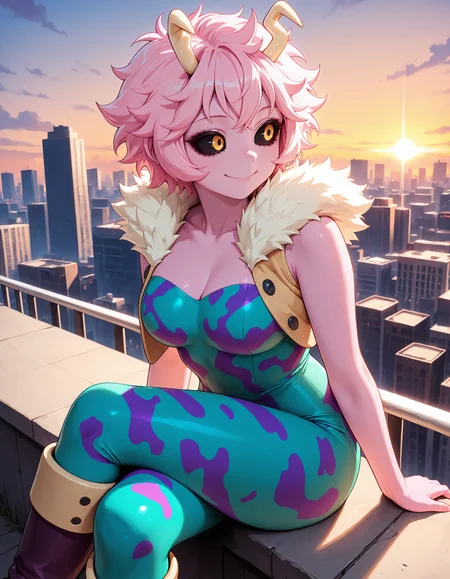 <lora:Mina Ashido Illu:1>1girl, solo,
<lora:Mina Ashido Illu:1>
1girl, solo,
m1na, pink hair, short hair, horns, pink skin, black sclera, yellow eyes,
her0, multicolored bodysuit, strapless bodysuit, green bodysuit, purple bodysuit, camouflage print, cropped jacket, sleeveless, open jacket, fur jacket trim, boots,
sitting, crossed legs, 
smile, looking to the side, 
feet out of frame,
outdoors, cityscape, sunset, 
 <lora:CFG Scale Boost:1>, masterpiece, best quality