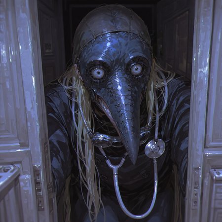 masterpiece, best quality, good quality, newest, highres, absurdres, 8K, realistic, bright colors, 748cmstyle, graphite \(medium\), depth of field, door, horror \(theme\), plague doctor, plague doctor mask, looking at viewer, evil grin, sharp teeth, stethoscope around neck, very long hair, here's johnny! \(meme\),
 <lora:add-detail-xl:3> <lora:748cmSDXL:0.7>