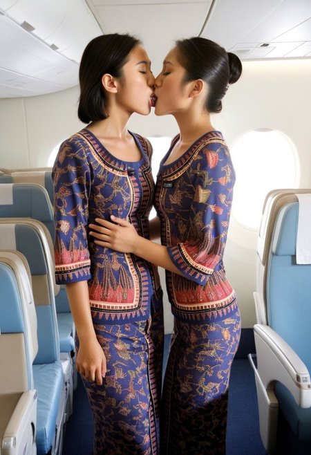 1990sanalogphoto, raw, light leak, Hyperrealistic art portrait of 2girls, 22-year-old young asian women,
wearing sgdress  <lora:sgdress-000005:0.6>,
indoors, airline cabin, 
by Thomas Struth. Extremely high-resolution details, photographic, realism pushed to extreme, fine texture, incredibly lifelike, hugging, cuddling, (((french kiss)))