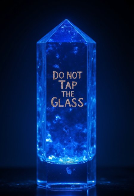 A glowing sapphire crystal, rotating slowly in midair. Inside, etched in vivid golden font, are the words: 'Do Not Tap the Glass.' 