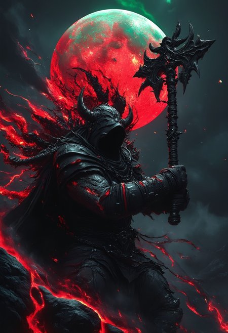 A massive warrior clad in black, ornate armor, decorated with dark, twisted chains and spikes, swings an enormous battle axe with overwhelming power. The axe gleams with fiery intensity as it cuts through the air. Behind him, a ghostly, ethereal figure, the spirit of the warrior, emerges from his back, its form glowing faintly. The moon in the background shines red with a green outline, casting an eerie glow over the scene. The spirit’s presence adds a chilling, supernatural touch, blurring the lines between the living and the dead.