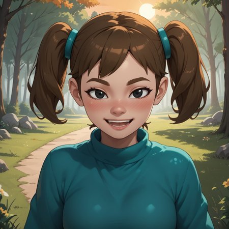 score_9, score_8, BREAK, solo, Mii, Wii, Black Eyes, Half circle eyebrows, big nose, half circle nose, blush, white skin, open mouth, green-ish brown hair, twintails, dark green clothing, 1girl, female mii, Wii Sports Resort, black pants, shoes, cute, medium breasts, Midori_(\Wii_Sports_Resort\), teeth, Nintendo Mii, modern_mii, classic_mii, sexy pose, self portrait, smile, outdoors, sunlight, shadows, evening lighting, natural lighting, forest, trees, grass, orange sky, sunset