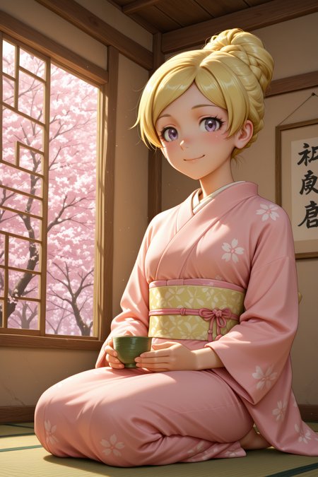 masterpiece, best quality, amazing quality, 1girl, solo, makeup, perspective, general, looking at viewer, cowboy shot, anime screencap, sitting, seiza, holding teacup, green tea, smile, blush, cherry blossoms, spring, indoors, window, sunlight, traditional setting, dynamic angle, <lora:Emily_Stewart_Million:1>, Emily_Stewart_Million, blonde hair, braid, hair bun, purple eyes, breasts, parted bangs, kimono, obi, sash, traditional ornament, <lora:wai-2Rectified-V140:1>, <lora:illustrious_noobai_epsilon_pred_1_masterpieces_v1:1>