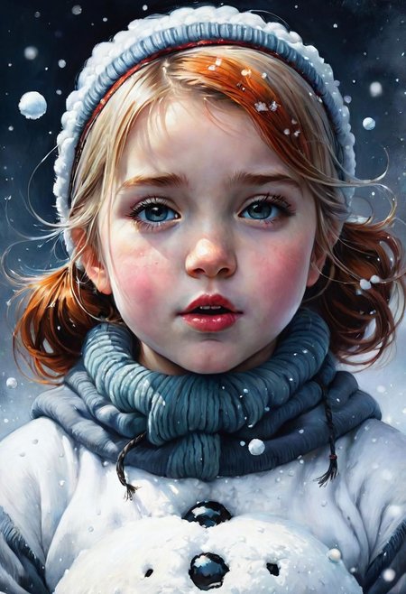 close-up, masterpiece, best quality, 8k, HDR, RGB, oil paints, watercolor, ink, detailed a whimsical fabulous littli girl builds a snowman, color ink flow, 8k resolution, dreamcore, ultra realistic illustration, in style Craig Davison, Ray Caesar, Thomas Eakins. Adorable beautiful, radiant, magical, by Agnes Cecile, by Andr Masson, complementary colors,oil paint 
 Bastien Lecouffe-Degarme, Carn Griffiths, E. Abramzon, Raphael, Caravaggio,