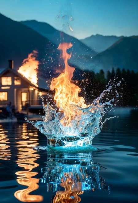 A fire made of Crystal clear water, trasparente, hyper realistic, ultra detailed, incredibile lights, Unreal reflections, water burning, water Sparks, steam smoke, bokeh, blurred background, intricate lights in the background