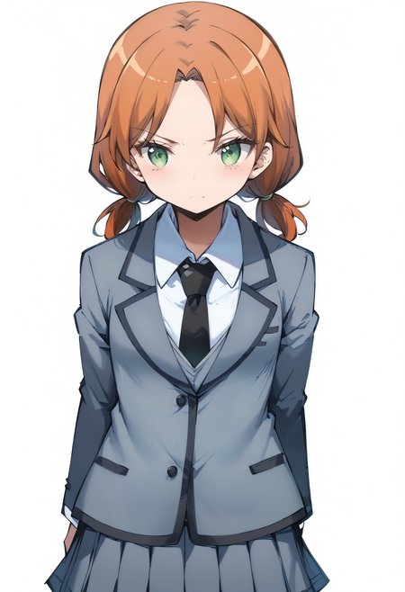 score_9,score_8_up,score_7_up,score_anime,2d,front view,1girl,standing,serious,looking_at_viewer,solo,
<lora:Hayami Rinka v2_autismmixPony>,Hayami Rinka,green eyes,orange hair,twintails,school uniform,grey jacket,grey pleated skirt,black necktie,black kneehighs,white_background,