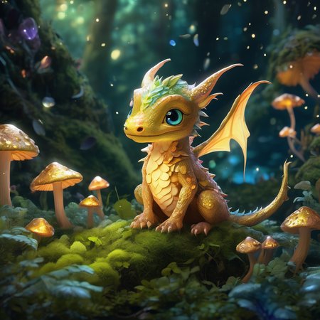Cinematic, ultra-detailed 8k capture of a cherubic baby dragon nestled amidst a bed of luminescent mushrooms. Its iridescent scales shimmer in the dappled sunlight filtering through ancient, moss-covered trees. Tiny wings flutter with curiosity, while its large, round eyes, filled with wonder, gaze upwards at floating spores that resemble golden fireflies. A gentle curl of smoke rises from its snout, hinting at its fiery lineage, while its playful tail wraps around a nearby crystal, causing it to glow with a soft, magical light. The backdrop is an ethereal, enchanted forest, alive with the whispers of other fantastical creatures, creating a scene straight out of a fairy tale