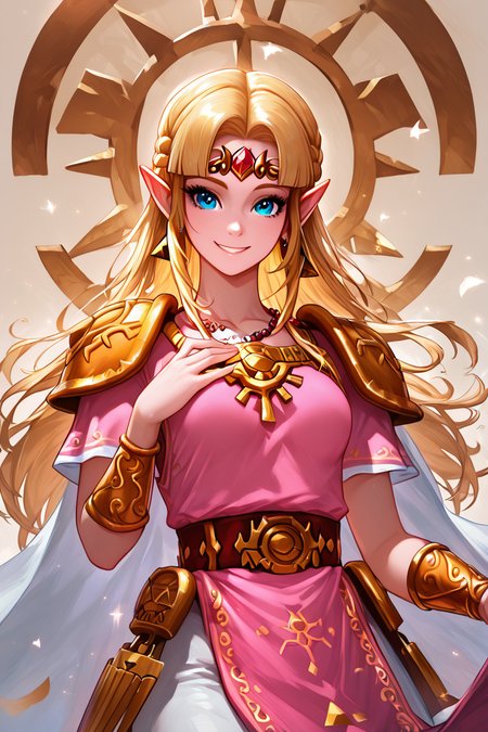 score_9, score_8_up, score_8, medium breasts, (curvy), cute, eyelashes,       BREAK, , BREAK, <lora:UltimatePrincessZelda_PDXL_v1:0.8>, zzUZelda, blonde hair, jewelry, dress, pink tabard, triforce, circlet, armor, earrings, necklace, shoulder armor, tiara,, <lora:AnatoFinnstarkStyle_PDXL:1.0>, , BREAK,  smile, looking at viewer, cowboy shot,  embedding:zPDXL, Expressiveh, <lora:SDXLFaeTastic2400:0.5>,  <lora:Expressive_H-000001:0.4>,