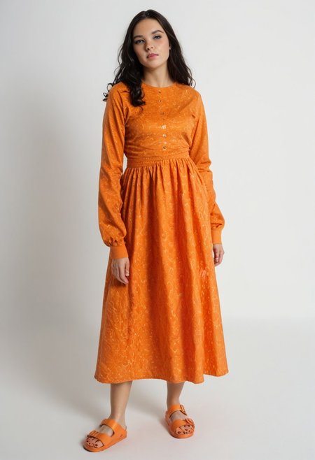 1girl, solo, simple_background, white_background, birksonfeet, toenail_polish, full_height, patterned, long_dress, long_black_hair, looking_away, pretty_face, long_sleeves, orange_black_white, posing, fashion
