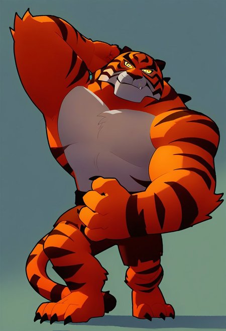 score_9, score_8_up, score_7_up, score_6_up, score_5_up, score_4_up, rating_questionable <lora:brawl_style_1_2:0.85, {tall}, source_cartoon, solo, 1boy, Bronze Tiger, yellow eyes, claws, furry male, muscular, smirk, full body,sfw_nudity, thick things, face and chest,arms and hands ,pecs&crotch,legs&feet,show chest&pecs,left-arm raise up,right-arm's hand on the right-leg,brawl,perfect detailed eyes,perfect detailed pupils, no humans