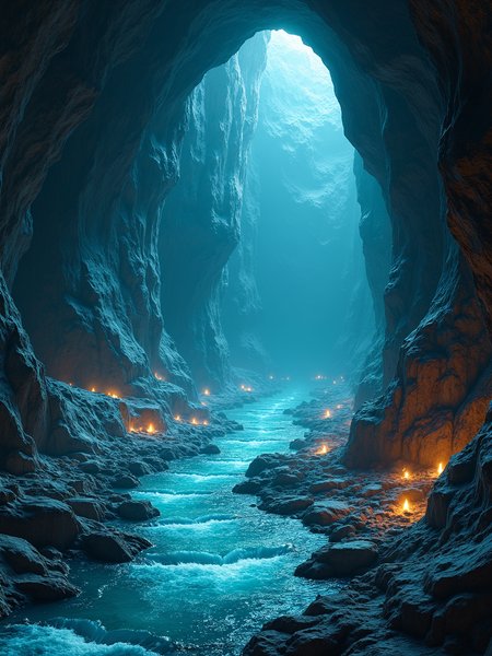 In a mysterious cave, countless glowing gems are inlaid on the walls. From the depths of the cave, there are bursts of low rumbling sounds, as if there is some huge power sleeping. On the ground of the cave, there is a river flashing with light flowing, and the river water exudes a mysterious atmosphere.