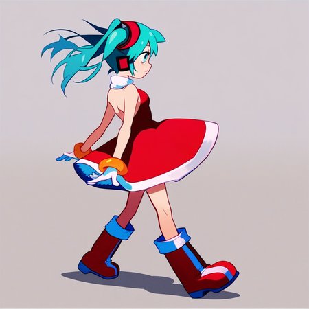 score_8, score_8_up, score_7_up, source_anime, anime screenshot, 1girl, solo, female focus, Hatsune Miku, aqua hair, twintails, aqua eyes, AR_fu_ku, red headband, hairband, turtleneck dress, sleeveless dress, backless dress, halter dress, red dress, short dress, circle skirt, bracelet, gloves, white gloves, knee boots, red footwear, full body, from side, profile,