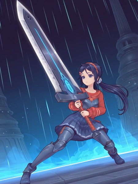 <lora:MitaIL:0.7> mi_ta, 1girl, dark blue eyes, dark blue hair, braids hair, hairband, scrunchie, barrette pins,
gigantic sword, steel armor,glowing liens, action, full body, glowing background