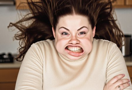 A medium shot photograph of a curvy woman Gina with medium length hair standing in a kitchen. She has curly brown hair, lots of freckles on her nose and forehead, and brown eyes. Shortstack. She is curvy and voluptuous. She is wearing a beige turtleneck sweater that accentuates her large breasts. She has wide nostrils and a beautiful large smile. plump lips. w1nd8l0wn photo of a squinting woman's perfect teeth. windy. She is wearing lipgloss. big wide open mouth. stretchy flappy lips fully exposing gums and teeth. She is leaning on a counter with her arms crossed, with a flirty look. realistic. high-definition.  soft light.