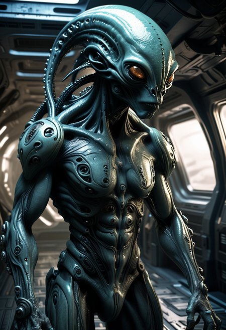 (medium full shot) of (futuristic alien) with chameleon-like armored skin, tribal tattoos, crystalline body, multiple black eyes, short stubby antennae, tentacles, cybernetic implants, set in  a dim spaceship interior, featuring shadowy corridors, mysterious machinery, an eerie ambiance, during an alien storm, ,Masterpiece,best quality, raw photo, realistic, very aesthetic