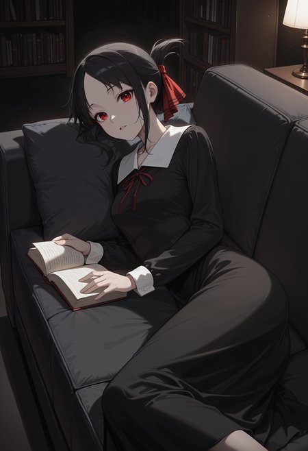 masterpiece, best quality, highres, absurdres, very awa, 1girl, solo, folded ponytail, parted bangs, black hair, no pupils, hair ribbon, red ribbon, , indoors, couch, lying, on side, red eyes, white collar, medium dress, black dress, long sleeves, neck ribbon, living room, cushion, open book, bookshelf, looking at viewer, parted lips, dark theme, dim lighting, dark background, dark room, backlighting