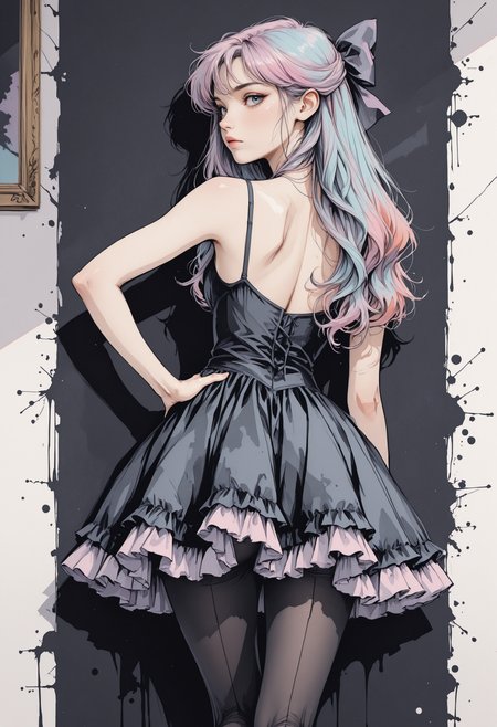masterpiece, high_quality, highres, retro_colors,
age_24, against_wall, one_leg_raised, back_against_wall, hand_on_hip, sultry_stare, frilled_dress, short, opaque_tights, portrait, face_focus, hair_bow, black, darkness, dim, shadows, portrait, 
Jedwtrsk, sketch, watercolor <lora:WatercolorSketchIL-000003:0.8>, r17329_illu <lora:r17329_illu:0.4>