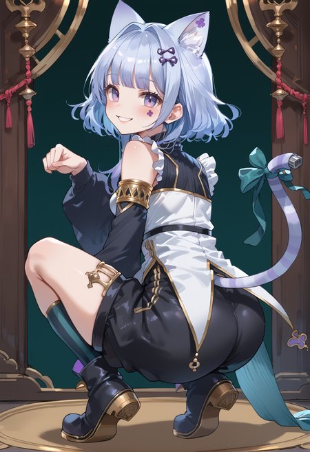 (score_9:0.9),score_8_up,score_7_up,rating_safe,anime_style,(zPDXL),(zPDXL3),((solo)),<lora:MALICE Pawn Cheshire Cat ponyXL v1.31:0.75>,mâlice pawn cheshire cat,multiple girls,smile,looking back,cat girl,neck bell,paw pose,detached sleeves,black dress,facial mark,1girl,squatting,ass,detached sleeves,black boots,green tail ribbon,single sock,black shorts,