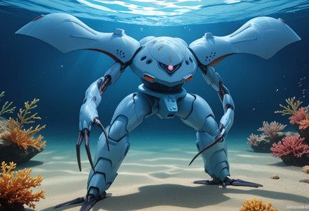 score_9, score_8_up, score_7_up, source_anime, front view, BREAK,  ( hygogg, blue_hygogg_armor, pink monoeye, from side, looking at viewer, long arms, very long arms, long claws) 1mech, blue mech, wide mech, large shoulders, large shoulder armor, mech focus, solo, BREAK, two arms, swimming, underwater, river, small fish, floating, reaching towards viewer, swimming forwards,