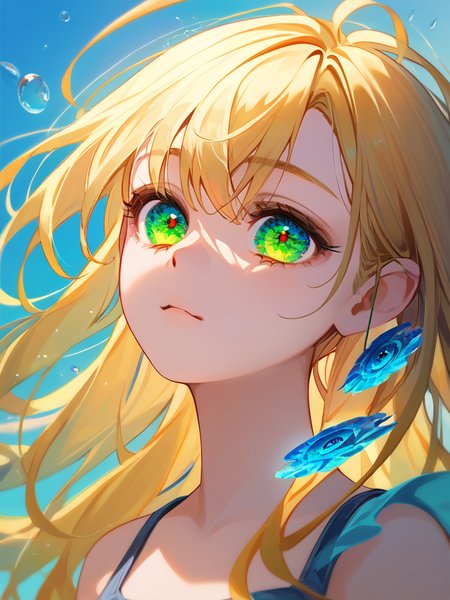 PDXL, <lora:OpalEyesV1Pony:1>, opal_eyes, 1girl, cute face, detailed eyes, long yellow hair, glowing green eyes, portrait, looking through a fishtank