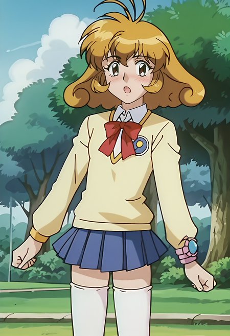 score_9, score_7_up, hd, (ultra hd quality details), source_anime,
solo, 1girl, kasugayuidef, antenna hair, anime screencap,
kasugayuidef, antenna hair, school uniform, beige sweater, long sleeves, blue skirt, pleated skirt, white thighhighs, wristwatch,
looking at viewer, blush, open mouth, 
standing,
<lora:_kasuga_yui-elesico-pony:0.9>