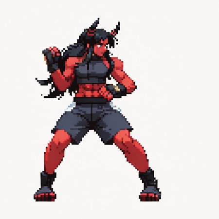 CapcomVsSnk,, white background,,
1boy, black hair, long hair, colored skin, demon horns, red skin, abs, crop top, shorts, fingerless gloves,, looking at away, dynamic pose, full body, fighting stance,
 <lora:ACapVSsnk_Style:1.2>, pixel art,