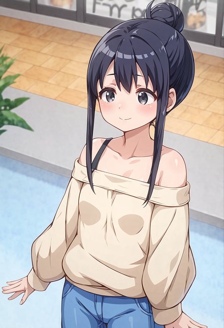score_9, score_8_up, score_7_up, source_anime,  <lora:lowres_concept_ponyXL_v1:-0.3>
BREAK,
<lora:annaka_moe_PonyXL_v1-000015:1> annaka moe, single hair bun, long hair, black hair, black eyes, 
1girl, solo, 
Buoyant Smile,
embarrassed ,
bright yellow off-shoulder sweater blue __bottoms__ , 
Bird's Eye View, looking down, toward the buttocks, Fast Food Restaurant bokeh, depth of field,