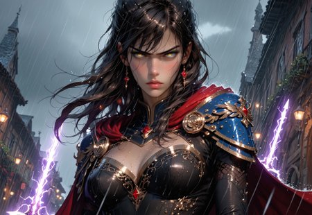 safe_pos, profile view of 1girl, sfw, gorgeous, freckles, shiny wet skin, detailed skin, detailed face:2, angry, sneering, intense glare, perfect eyes, glowing eyes, long hair, dark red hair:2, silk tunic, saggy breasts, breasts covered:2, nipples covered:2, silk stretched tight over breasts, decorative mystic armor, dark blue armor:2, flowing skirt, skirt, flowing cape, intricate armor, shiny armor, perfect hands:2, perfect fingers, relaxed hands, thigh highs, leggings, slight cleavage, exposed lower thigh, showing slight leg, walking pose, cape billowing in the wind, turned slightly to the side, 
BREAK
smoking battlefield, outdoors, rain, rainy day, dark sky, dusk, lightning strike:2, stormy sky, lightning in sky, streaming banners, spears and swords in dirt, fires, 
BREAK
score_9, score_8_up, score_8, masterpiece, best quality, official art, extremely detailed, absurdres, high definition, photorealism, detailed shading, high contrast, ambient occlusion, 
BREAK
dynamic angle:1.5, cowboy shot, focus face, profile shot,  Dutch angle, high viewpoint, pov above,

expressiveh, comicbookpage style, mythp0rt, g4n1m3, 