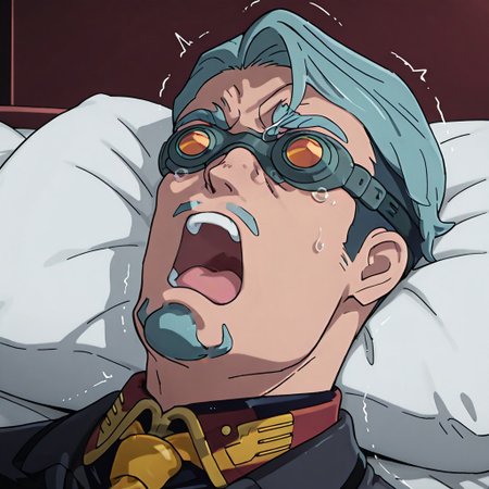 masterpiece,best quality,detailed,high resolution,Beautiful new anime style illustrations,solo,1person,full body,
bask_goggles\(goggles\),goggles,tinted_eyewear,opaque_glasses,
ikisugi,open mouth,on back,lying,pillow,teeth,upper teeth only,screaming,
ohogao,  puckered lips, trembling, tearing up,open mouth,
GQ_bull,Challia Bull,GQ_Shallia,goatee,gq_mustache,sideburns,thick eyebrows,GQ_Shallia_clt,yellow necktie,man,male,
orgasm,