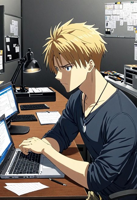high resolution, solo, best quality, 1Boy, Yamato Ishida, Blond Hair, Necklace, worker, working, workstation, concentration, focus, laptop, OverallDetail