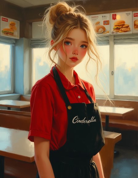 masterpiece, high quality, Oil Painting, Hyper-realistic, hyper-detailed picture of a cozy, warmly lit McDonald's restaurant, teen Cinderella, with her serene, radiant expression, stands behind the counter, working as a cashier. She wears a neatly pressed McDonald's uniform, which consists of a red polo shirt with the iconic golden arches logo on the chest, paired with black pants, and a black apron word "Cinderella" stenciled on it in white. Her blond hair is elegantly tied back in a bun, with a few loose strands framing her timelessly beautiful face. Her blue eyes are bright. Cinderella maintains her graceful composure, exuding a sense of calm in her slight half smile. The background shows a typical McDonald's setup, with menu boards displaying a variety of meals. Afternoon light streams through the restaurant window, casting a warm and peaceful glow on the scene. 
The lighting is bright and natural, originating from the upper left, casting soft highlights on her face and hair while creating gentle shadows on her clothing. The overall color palette is light and airy, dominated by whites, blues, and soft yellows, enhancing the serene and uplifting atmosphere. The art work stylized yet realistic detailing creates a harmonious blend of motion and tranquility, capturing a fleeting, magical moment. The woman's pose and flowing hair emphasize movement and grace, set against a calm. The painting shows shadow and light, Masterpiece, intricate lines, intriguing atmosphere, sharp magnificent details, delicate features, elaborate details, (2\3 rule composition:0.5), ultra detailed, romantic, Rembrandt lighting, brush stroke, lovely, del1cate_balance style, novuschroma, in the style of Rembrandt. vantablack <lora:style_of_Rembrandt_FLUX_135:.8> <lora:- Flux1 - vanta_black_V2.0:.6> <lora:Delicate_Balance:.3> <lora:113_novuschromaFLX_1:.2> <lora:neeeg_f1:-1>