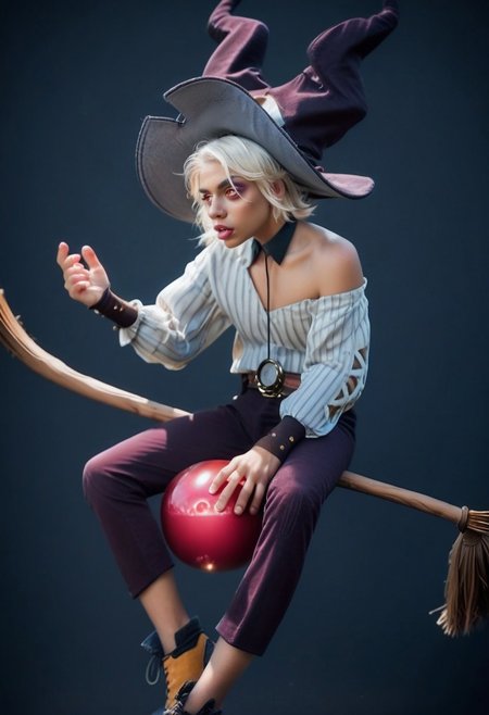 score_9_up, score_8_up, score_7_up, (source_photo, photo, realistic, photography, real life) dynamic view, male, BREAK, 
1boy, solo, qu1nn, white hair, dark skin, dark-skinned male, heterochromia,  red eyes, yellow eyes, bare shoulder, off-shoulder shirt,  short hair, collarbone, witch hat, pants, shirt, sweater,shoes, belt, longue sleeves, detached collar, striped shirt, BREAK, 
Riding a broom, 