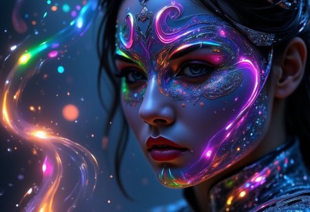 Cinematic style, realism, cinematic quality, Pastel, 
A vibrant, futuristic rainbow shape with flowing curves and metallic sheen, creating an otherworldly atmosphere. The night was thick with rain, its rhythmic drumbeats on the tall windows of the old manor mingling with the low hum of jazz drifting through the room. She moved through the crowd like smoke, dark and elusive, wearing a shimmering dress that seemed to catch the light in all the right places. Her mask, delicate lace clinging to her skin, revealed just enough to spark the imagination, but hid the most important parts: her eyes. Only her lips were exposed, painted a shade of red that seemed both dangerous and inviting, like a whispered secret. One that could kill a man. Simple yet captivating, the design caught the light reflections on its surface, adding depth and dimension. This digital work of art embodies modernity while simultaneously awakening curiosity about what lies beyond our consciousness.