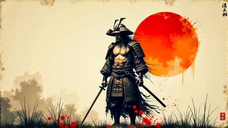 A minimal traditional japanese ink painting of the last weary Japanese samurai standing alone after an intense battle.   He wears no armor nor any helmet. He holds his sword in hand.  He is battered, bruised, and bleeds from several minor wounds.  He is weary, disgusted, disheartened, and saddened at the lives that were lost.  An orange rising sun hangs in sky behind him.  This is a full frame body shot, from head to feet, providing a environmental wide angle view of the entire body.  Intricate details, masterpiece, best quality.  Soft volumetric lighting.  <flux_realism_lora:0.42> <FluxDFaeTasticDetails:0.36> <BaroqueColorful:0.48>