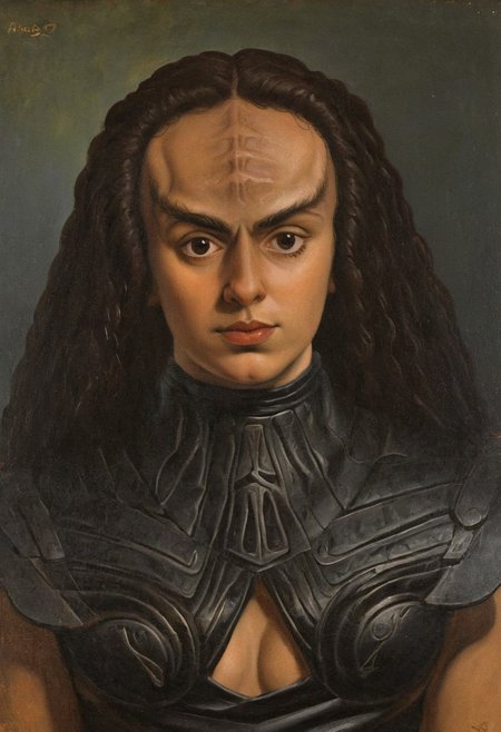 intricate detailed AH_Hayez oil painting upper body portrait of a female  kling0n alien princess, leather dress, forehead ridges, light brown skin, nose ridges, large eyebrows
